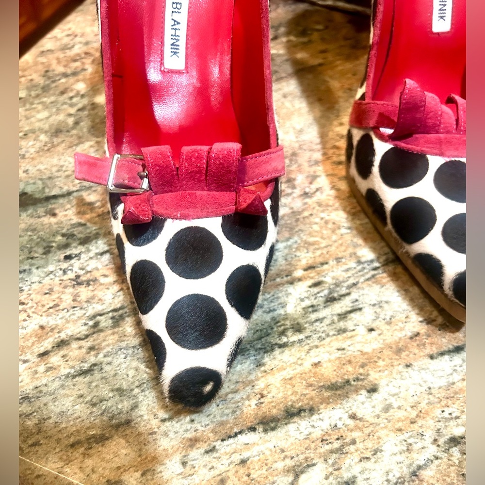 Manolo Blahnik Black and Pink Polka Dot Heels/ Pony Hair Vintage - Picture 4 of 16